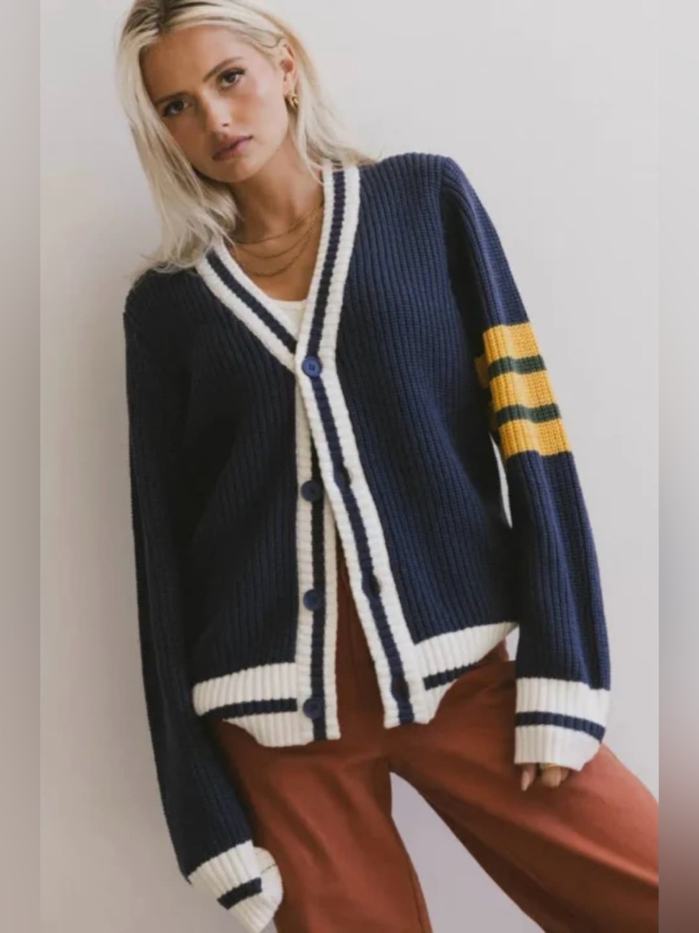 Creamon Navy Blue Varsity Stripe Knit Button Front V-neck Cardigan Large